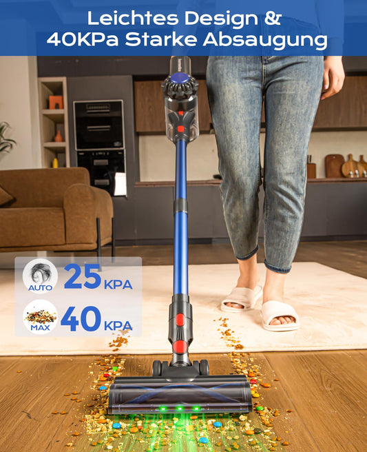 Ivormentico Cordless Vacuum Cleaner 50Mins/40KPA/450W, Battery-Operated Vacuum with Green LED, Cordless Hoover with Upgraded Floor Brush, Vacuum Cleaner Battery for Pet Hair, Blue