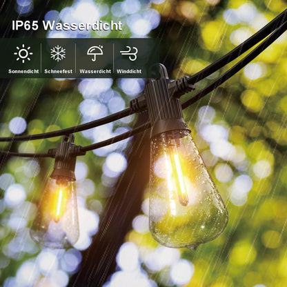 Kawaya outdoor string lights, 30m string lights LED with 50+2 ST38 bulbs, waterproof IP65 garden decoration string lights for patio, trees, wedding, party, festival, 2700K warm white.