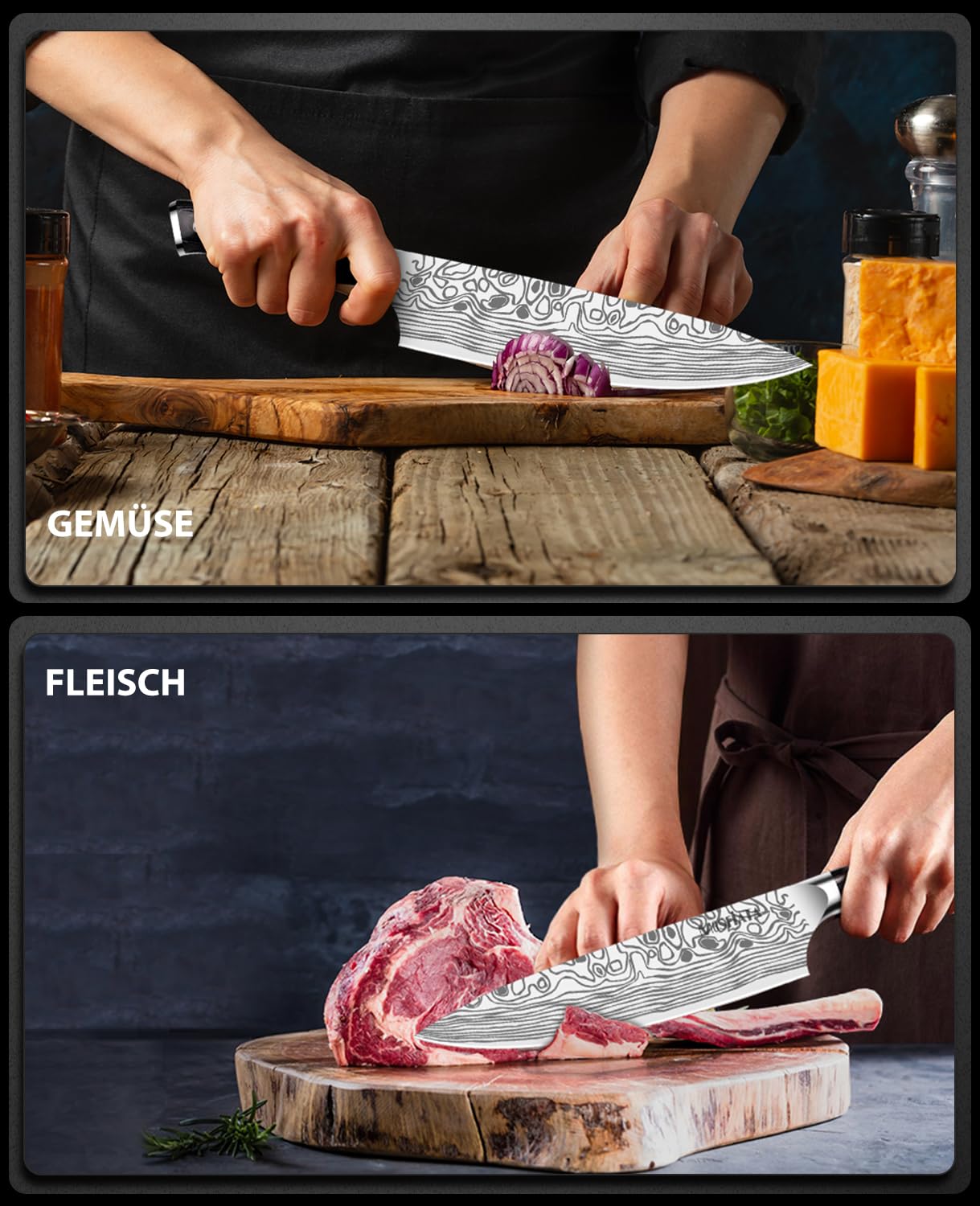 MOSFiATA chef's knife, kitchen knife, meat knife professional 20CM made of EN.4116 German stainless steel sharp blade ergonomic with finger guard and knife sharpener in gift box.