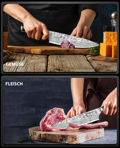 MOSFiATA chef's knife, kitchen knife, meat knife professional 20CM made of EN.4116 German stainless steel sharp blade ergonomic with finger guard and knife sharpener in gift box.