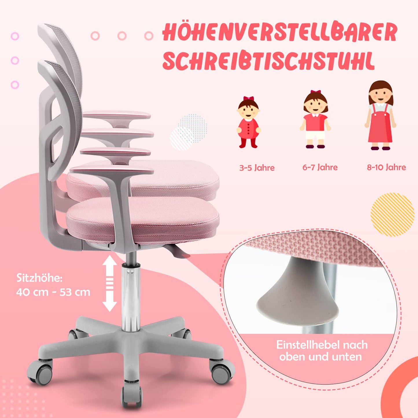 COSTWAY 360° Rotatable Kids Desk Chair, 80-91.5 cm Height Adjustable Youth Chair with Backrest & Armrests, Computer Chair with 5 Wheels for Children aged 3-10 years old (Pink)