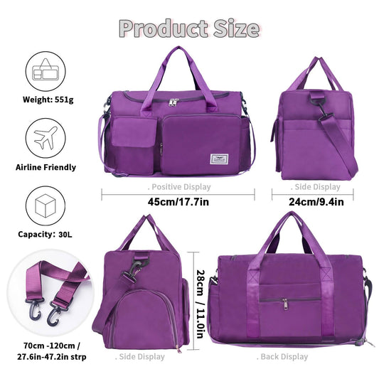 FIORETTO 35L Women's sports bag with shoe compartment and wet pocket, water resistant weekender gym travel bag, carry-on bag for women and men. Grape purple.