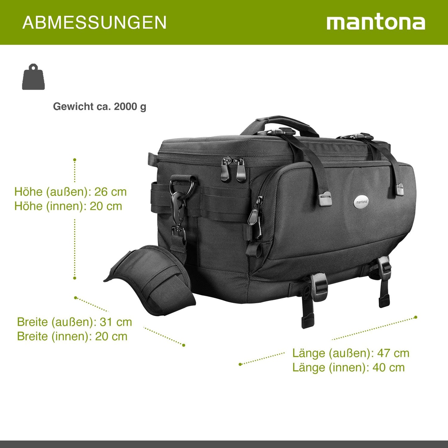 Mantona New York camera bag with internal compartments. Ideal for lenses, mirrorless cameras, and DSLRs. Provides storage for camera accessories, with rain cover and shoulder strap.