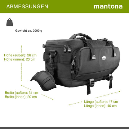Mantona New York camera bag with internal compartments. Ideal for lenses, mirrorless cameras, and DSLRs. Provides storage for camera accessories, with rain cover and shoulder strap.