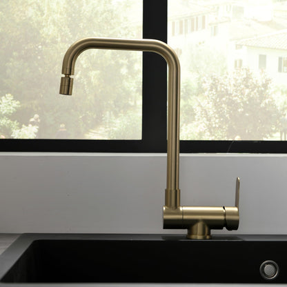 Pre-Window Kitchen Faucet, Brushed Gold Kitchen Faucet Folding, Foldable Single Lever Kitchen Mixer Tap With Cold and Hot Water Hoses.