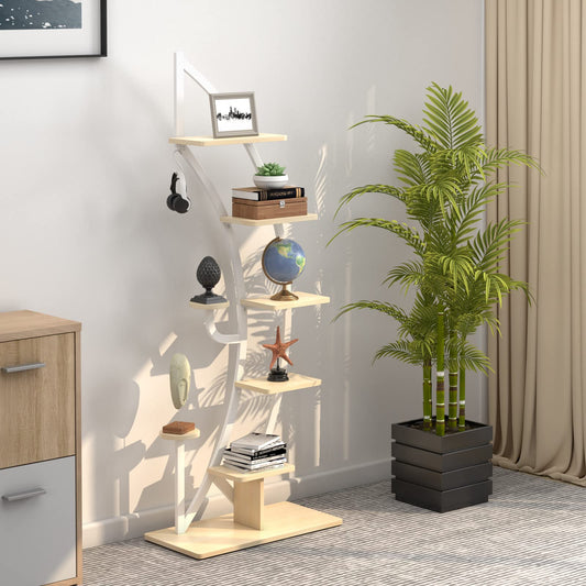 COSTWAY 6-tier Metal Plant Stand in half-moon shape, flower rack with 2 small shelves & top hook, ladder plant stand with anti-tip device, flower pot stand for garden balcony living room (White)