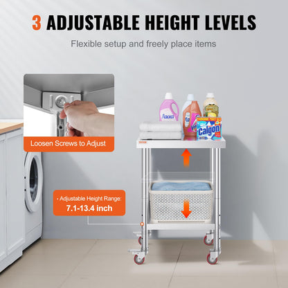 VEVOR Work Table 61 x 46 x 86 cm Stainless Steel Catering Work Table 100 kg Load Capacity Food Prep Table Commercial Kitchen Work Table for Kitchen Bar Restaurant 4 Adjustable Feet