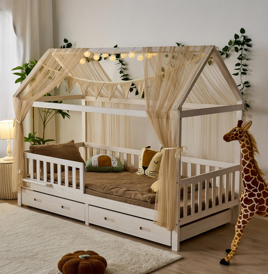 ALAVYA HOME® 3-piece house bed decoration set with 2 bed canopies and 1 flag garland 300cm long for children's bed and room. Made of 100% organic cotton, size 150 x 350 cm, without string lights, in beige.