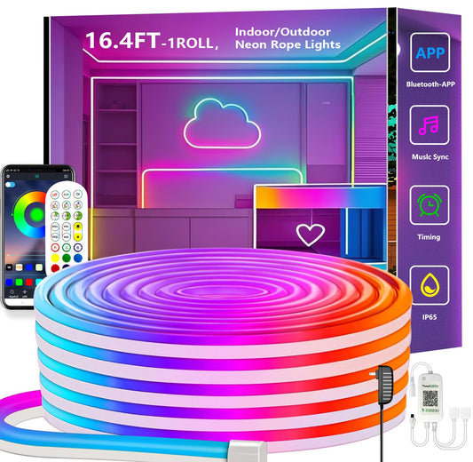 calflux Neon LED tube indoor 5m, RGB neon strip, IP65 outdoor waterproof light band LED strip with remote control, 12V LED strip light tube color changing for bedroom, indoor outdoor decoration.