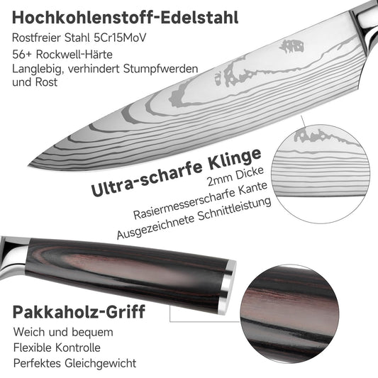 Gustrug Knife Set 5-piece kitchen knife set made of high-quality stainless steel, ergonomic handle, professional knife set with chef's knife, bread knife, Santoku knife, utility knife, vegetable knife - gift box