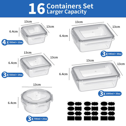 32-piece set of Withosent airtight plastic food containers with lids (16 containers + 16 lids). Perfect for storing food in the fridge, freezer, or microwave. Available in various sizes ranging from 1L to 350ml.
