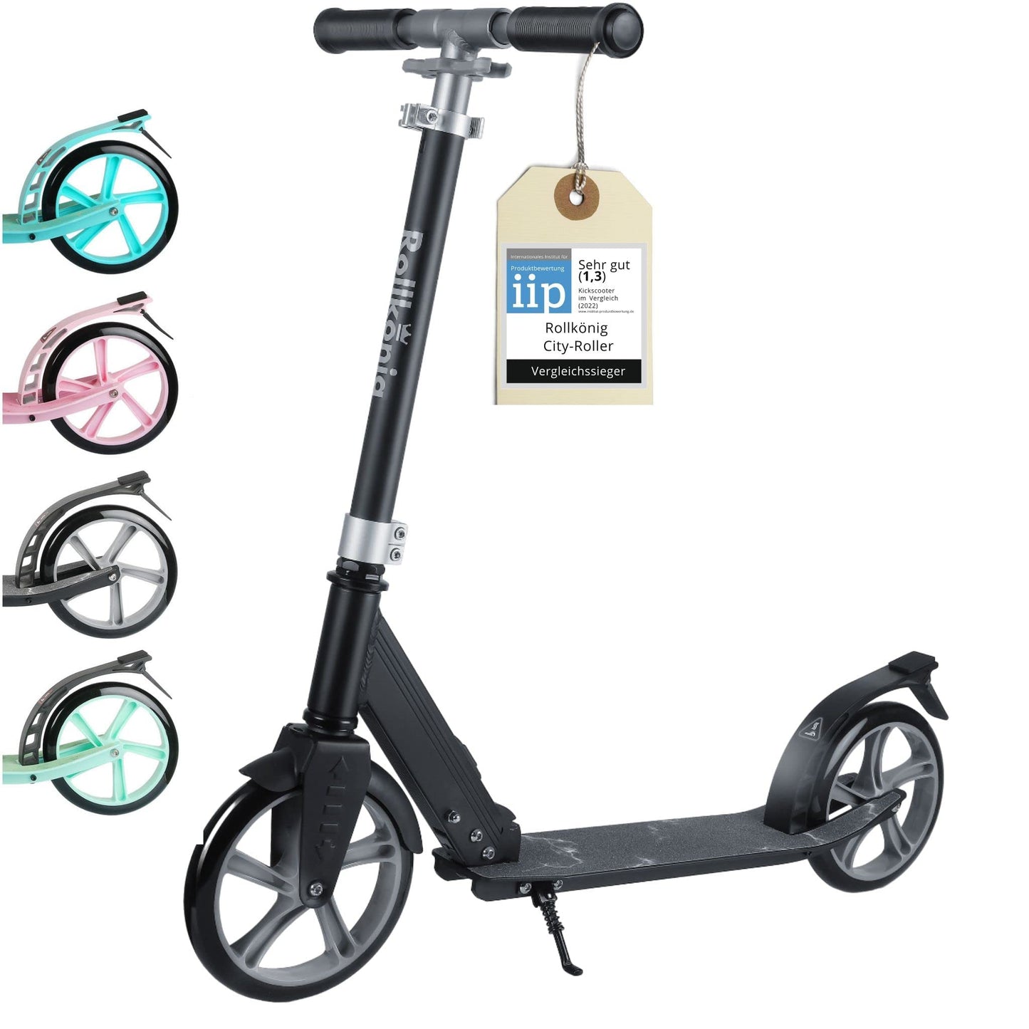 Rollking® Scooter for children aged 5 and up. The folding city scooter with big wheels. Kick scooter for adults with a weight capacity of up to 100kg (Black/Grey).