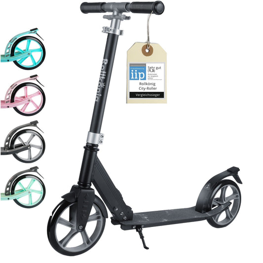 Rollking® Scooter for children aged 5 and up. The folding city scooter with big wheels. Kick scooter for adults with a weight capacity of up to 100kg (Black/Grey).