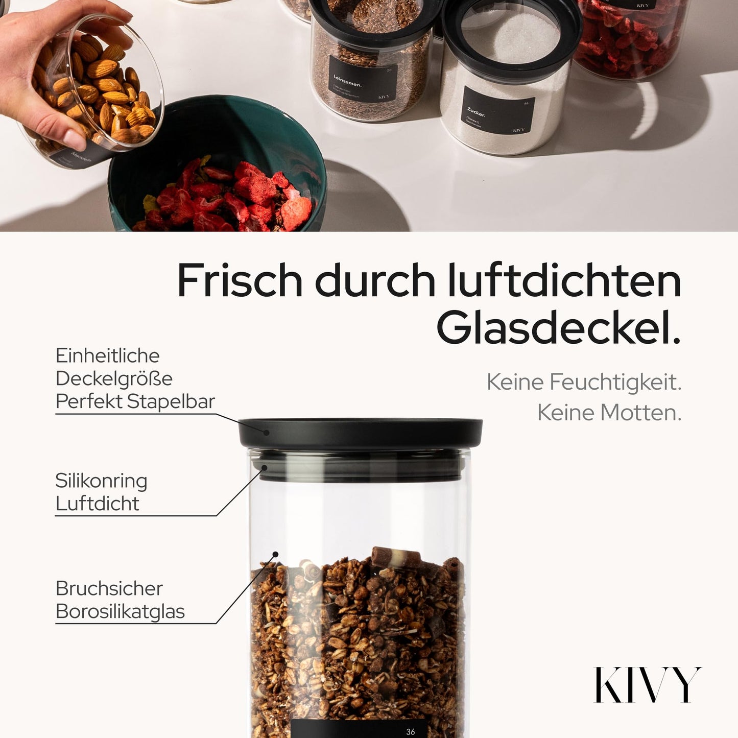 KIVY Large 3L Airtight Glass Jar with Transparent Glass Lid - For Flour, Cookies, Candy, Laundry Detergent - Storage Glass - Flour Storage Glass - Storage Box - Cookie Jar