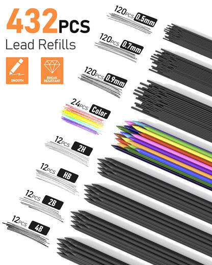 Four Candies 25-piece Art Mechanical Pencil Set with Case, Metal Mechanical Pencils 0.5, 0.7, 0.9 mm 2 mm Clutch Pencil (HB 2H 2B 4B Color) with 432 Graphite Lead Refills for Drawing