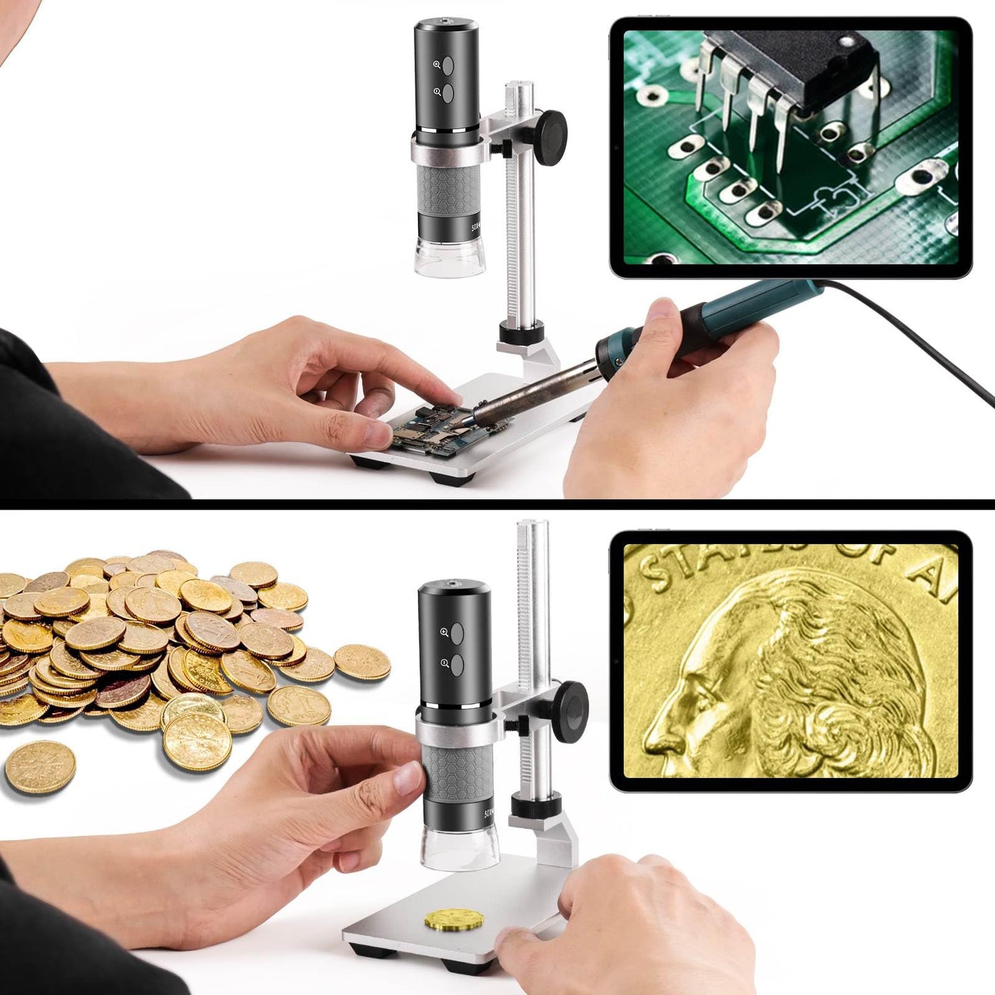 Ninyoon 4K WiFi microscope with professional stand for iPhone, Android, PC. 50-1000X digital USB microscope wireless HD camera for all mobile phones, iPad, Android tablet, Windows, Mac, Chrome, Linux.
