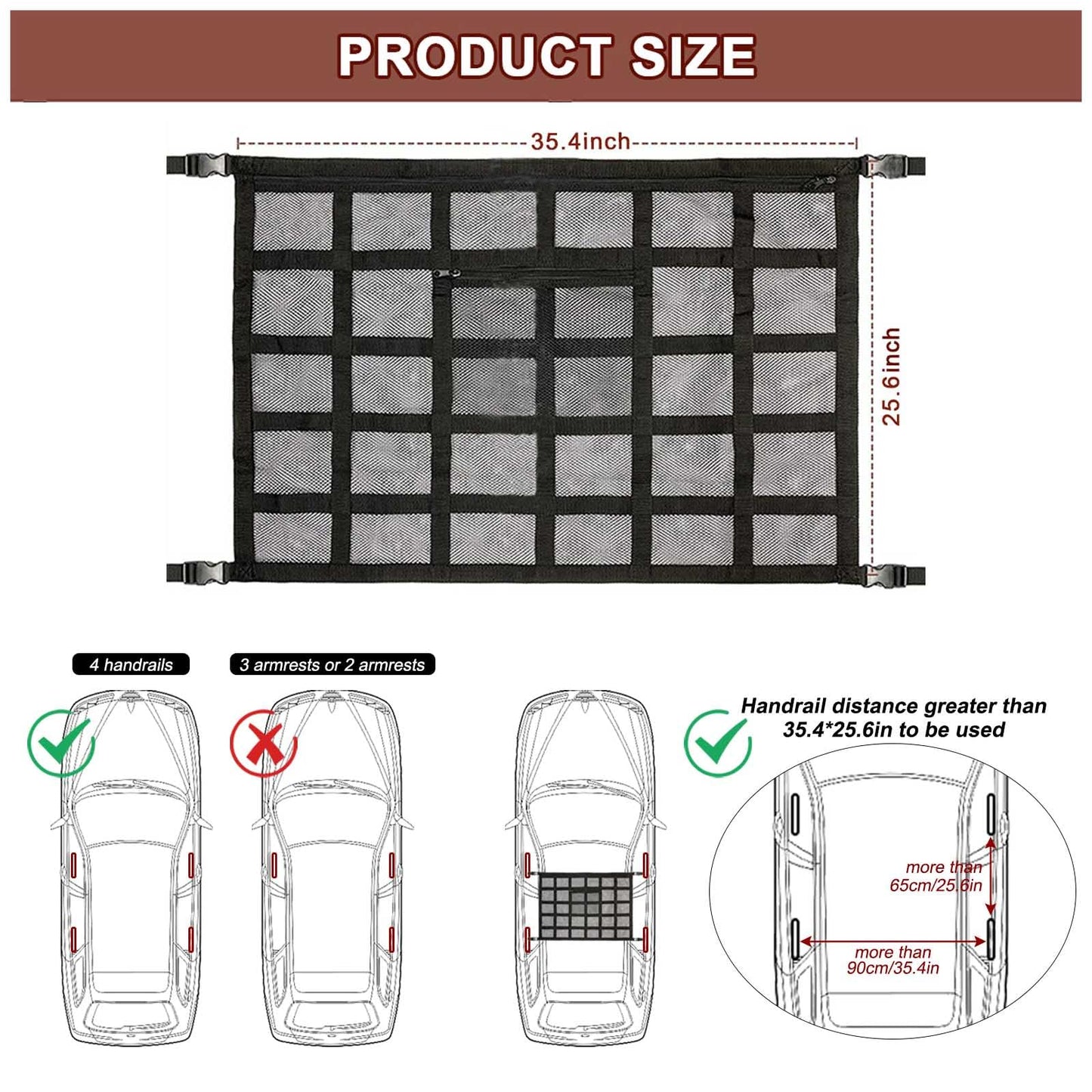 Car luggage net for storage, car cargo net, universal car roof luggage net cover, mesh bag with zipper, 90X65CM.