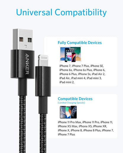 Anchor 331 iPhone charging cable, [2-pack, 1.8m] Premium nylon, USB A to Lightning, MFi-certified, for iPhone 14/13/12/11/X/XS/XR/SE/8 Plus/7/6 and more.