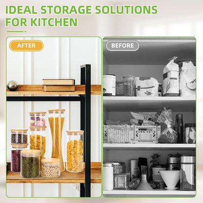 Lannvan glass storage jars with lids, 8-piece set, airtight glass storage containers with wooden lids for coffee beans, grains, nuts, flour, pasta, and spaghetti storage.