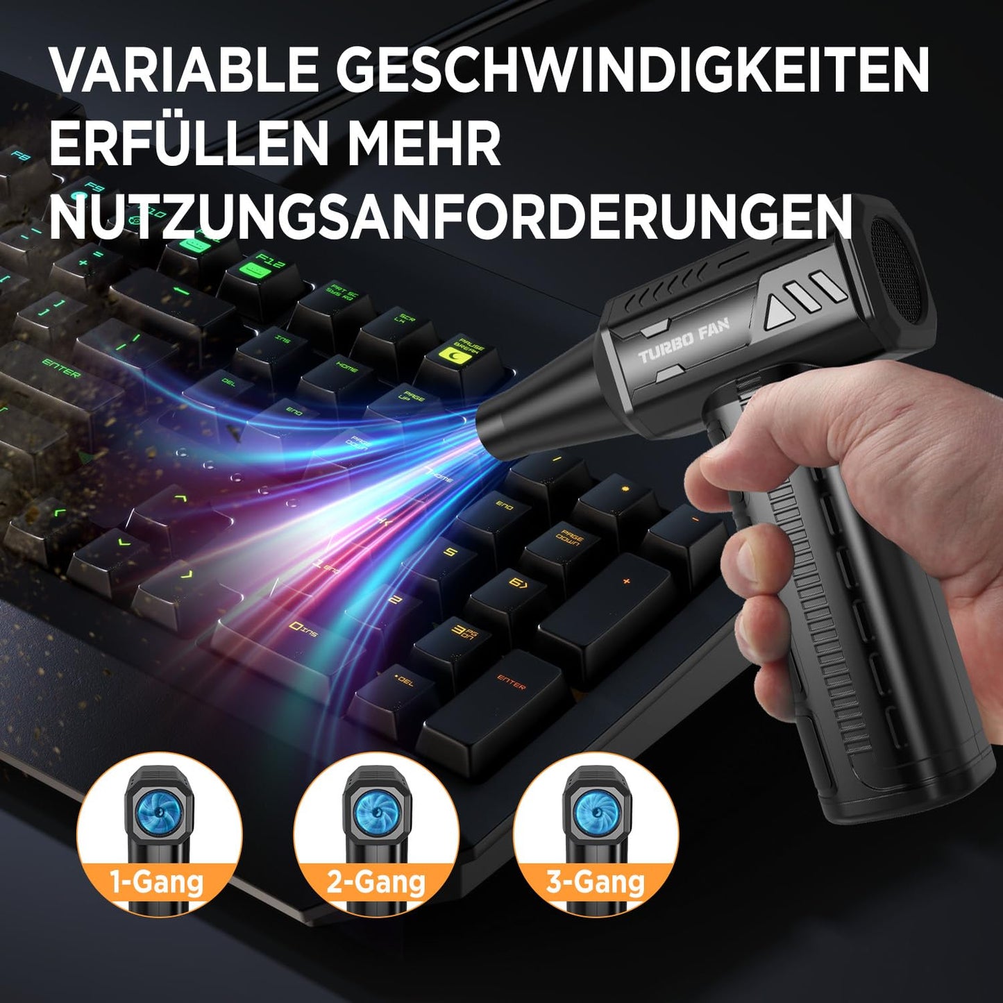 Air duster, 180,000 RPM, cordless, electric, 7500 mAh, rechargeable, brushless motor blower, 3-speed adjustable turbo fan duster for computer, car.