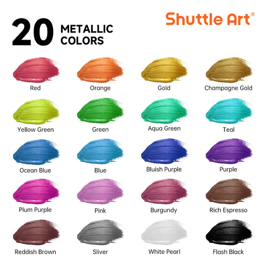 Shuttle Art Metallic Acrylic Paint Set, 20x60ml Metallic Acrylic Paint +10 Brush Set +1 Palette, Acrylic Paint Set for Kids, Adults for Crafting, Painting, Dotting on Canvas, Wood, Stone, Halloween.