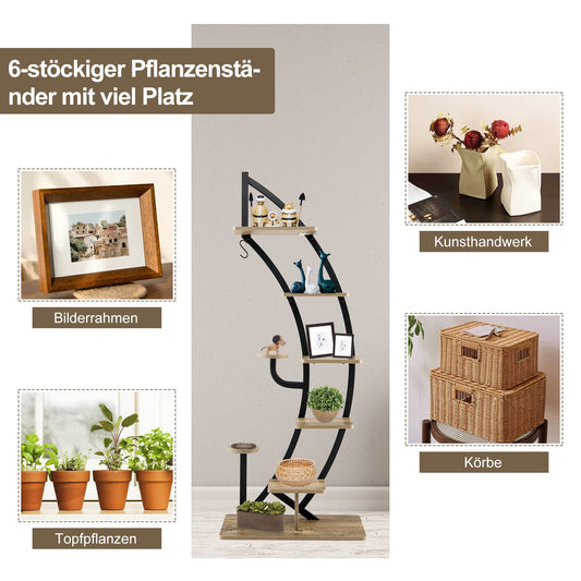 GOPLUS 6-tier Flower Stand Metal, half-moon Plant Stand with Shelves & Hooks, Plant Rack Flower Shelf Flower Stairs Plant Stairs for Living Room, Bedroom, Balcony (Brown, 2)