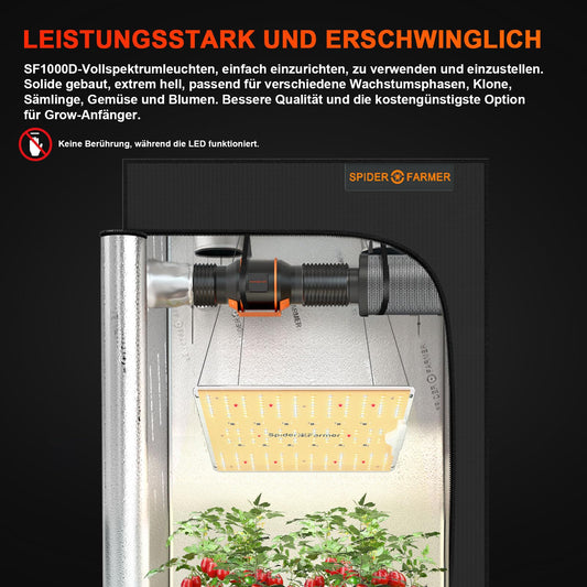 Spider Farmer LED grow light SF1000D with Samsung LM301B diodes, 100W, coverage 60x60cm. Full spectrum for indoor plants, vegetables, and flowers in grow tents or rooms.