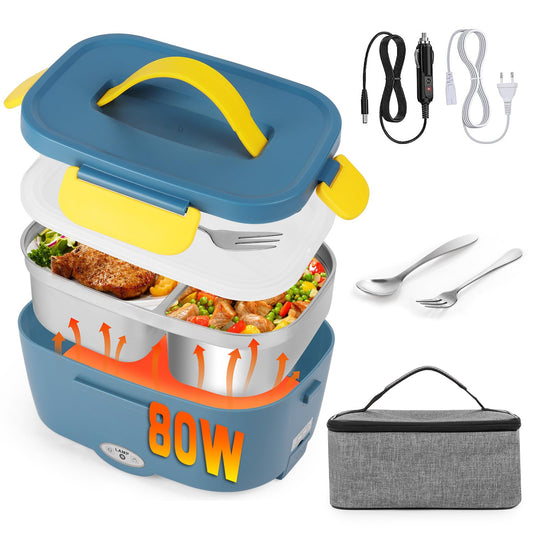 Electric lunch box food warmer for car 3 in 1 (12V/24V/220V) 1.5L with fork spoon 80W detachable stainless steel heating electric lunch box portable food container for truck household camping