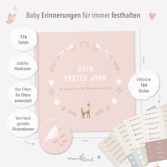 mintkind® Baby Album "My First Year" Flower + Sticker Set | Baby Photo Album for Personalization | Baby Gift for Girl and Boy | Baby Book for Memories | Baby Journal from 0 Months
