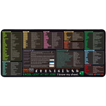 Pixiecube Excel shortcut keys mousepad, extended large XXL cheat sheet, gaming mousepad, PC office spreadsheet, keyboard mat, non-slip stitched edges.