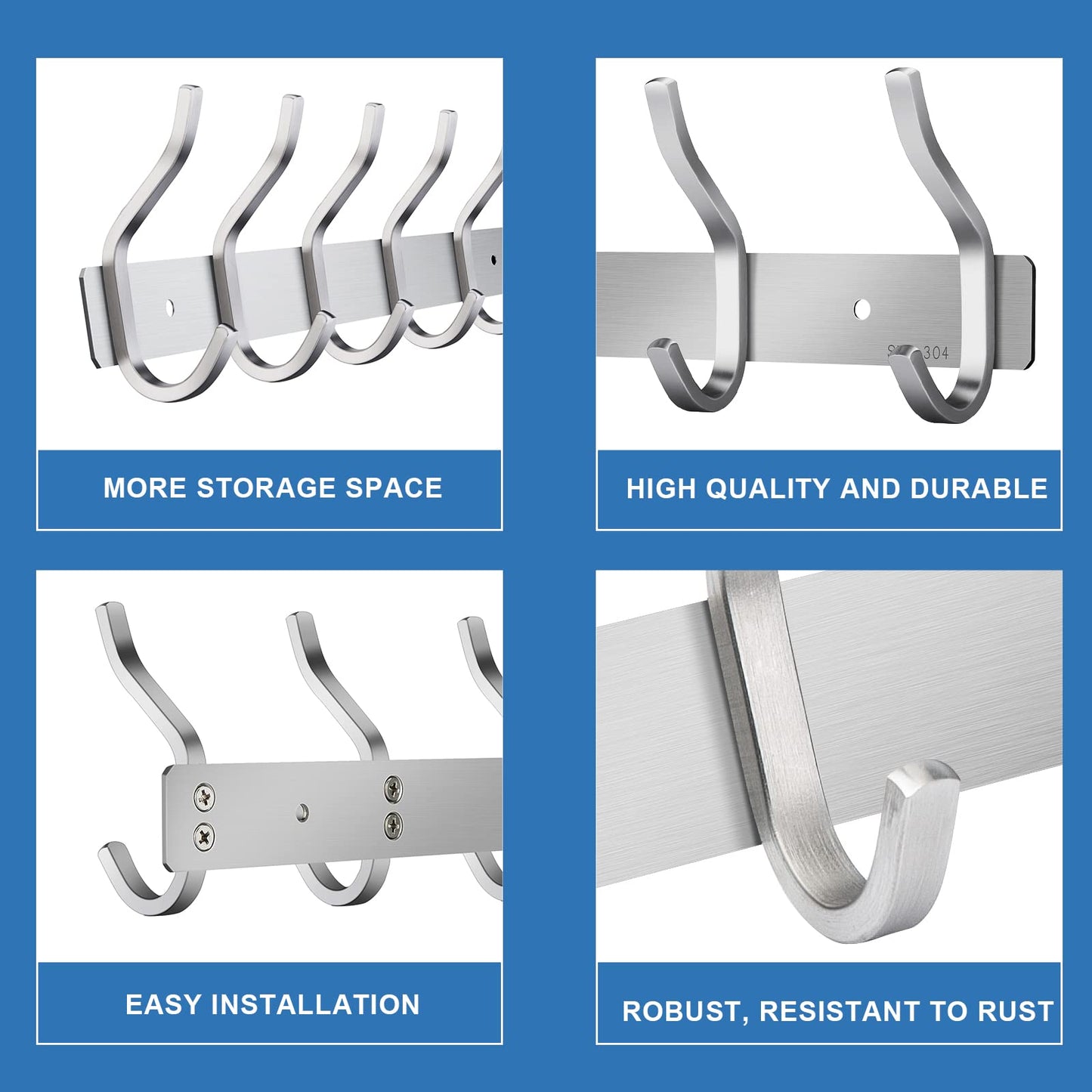 MEIJO stainless steel coat hooks, hook rail coat hooks wall with 6 hooks, wardrobe coat rack wall coat rack for bedroom bathroom kitchen (silver, 6 hooks 2 pieces)