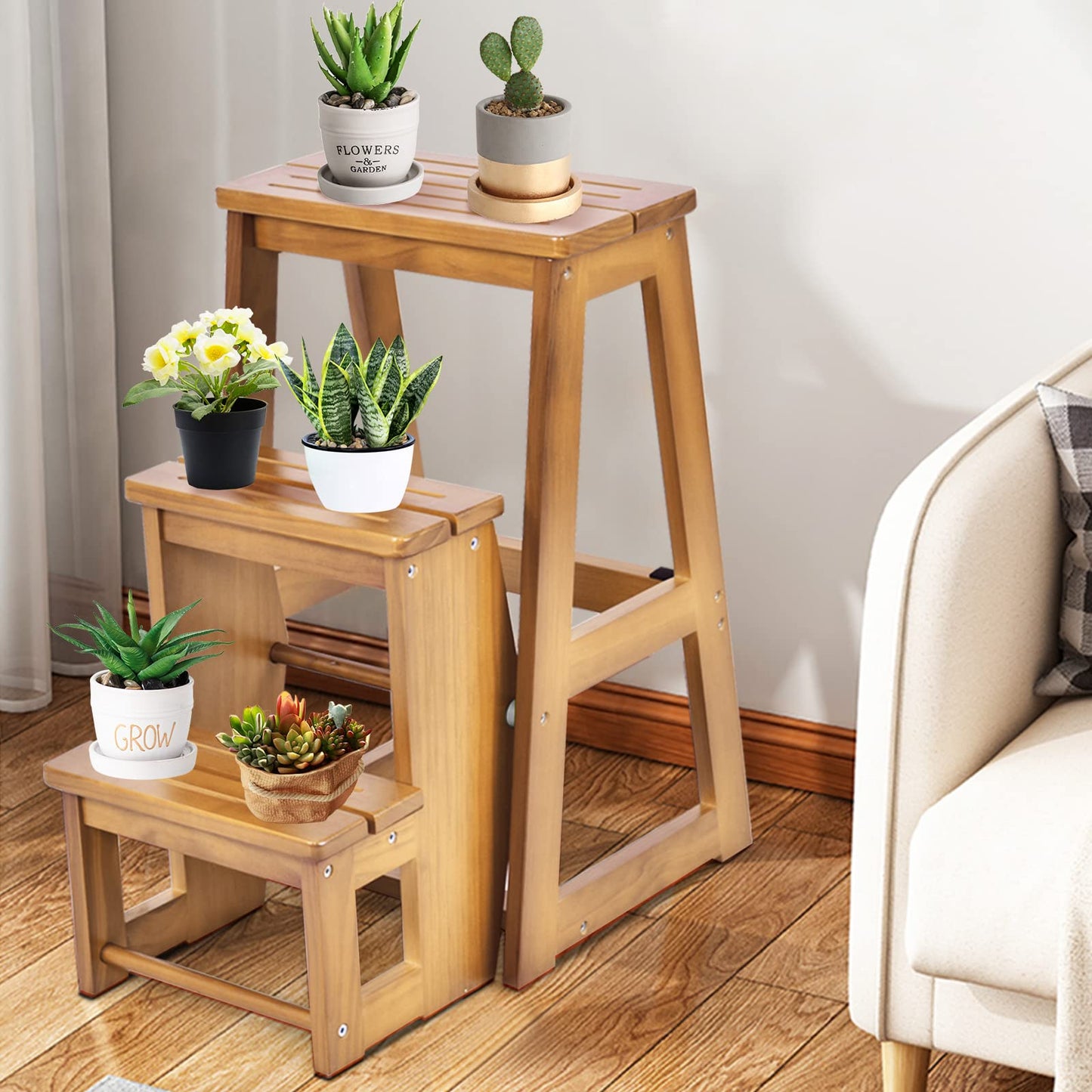 GIANTEX Wooden Step Stool 3 Steps, Folding Step Ladder Foldable Step Stool, Wooden Step Ladder Foldable, Household Step Small, Pine Wood Folding Steps (Walnut)