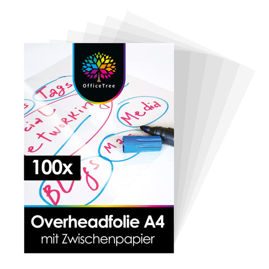 OfficeTree 100 x Overhead Film A4 - OHP film crystal clear - Film for laser printer - Overhead films also suitable as copy film, projector film or printer film.