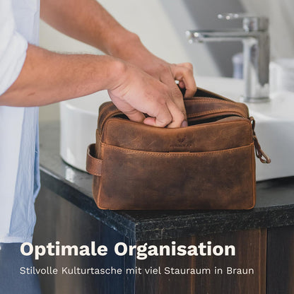 DONBOLSO Culture Bag Stockholm - Leather Cosmetic Bag for Women and Men - Genuine Leather Travel Toiletry Bag and Bath Bag - Practical Makeup Bag with plenty of storage space - Vintage Brown, 15x13x25 cm