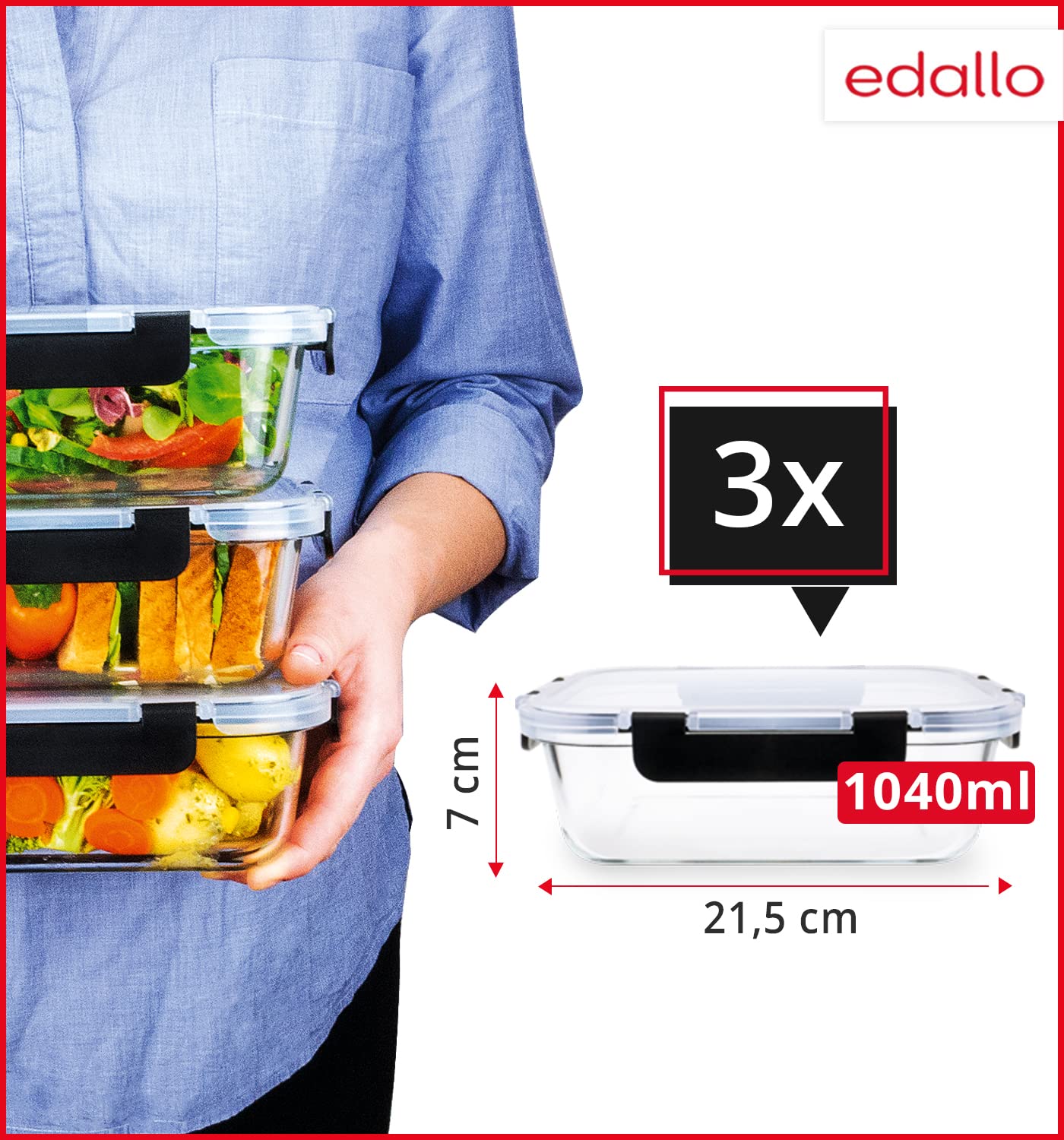 edallo - 3 large premium glass food storage containers with strong leak-proof lids. Dishwasher, oven, freezer, and microwave safe. Meal prep containers. Set: 3x1 liter.