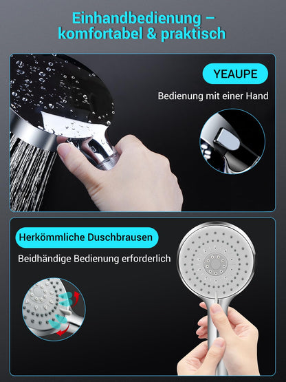 1.8m hose showerhead, YEAUPE showerhead with filter, 6 spray modes, large water-saving showerhead, hand showerhead with anti-calc function for hard water, chrome