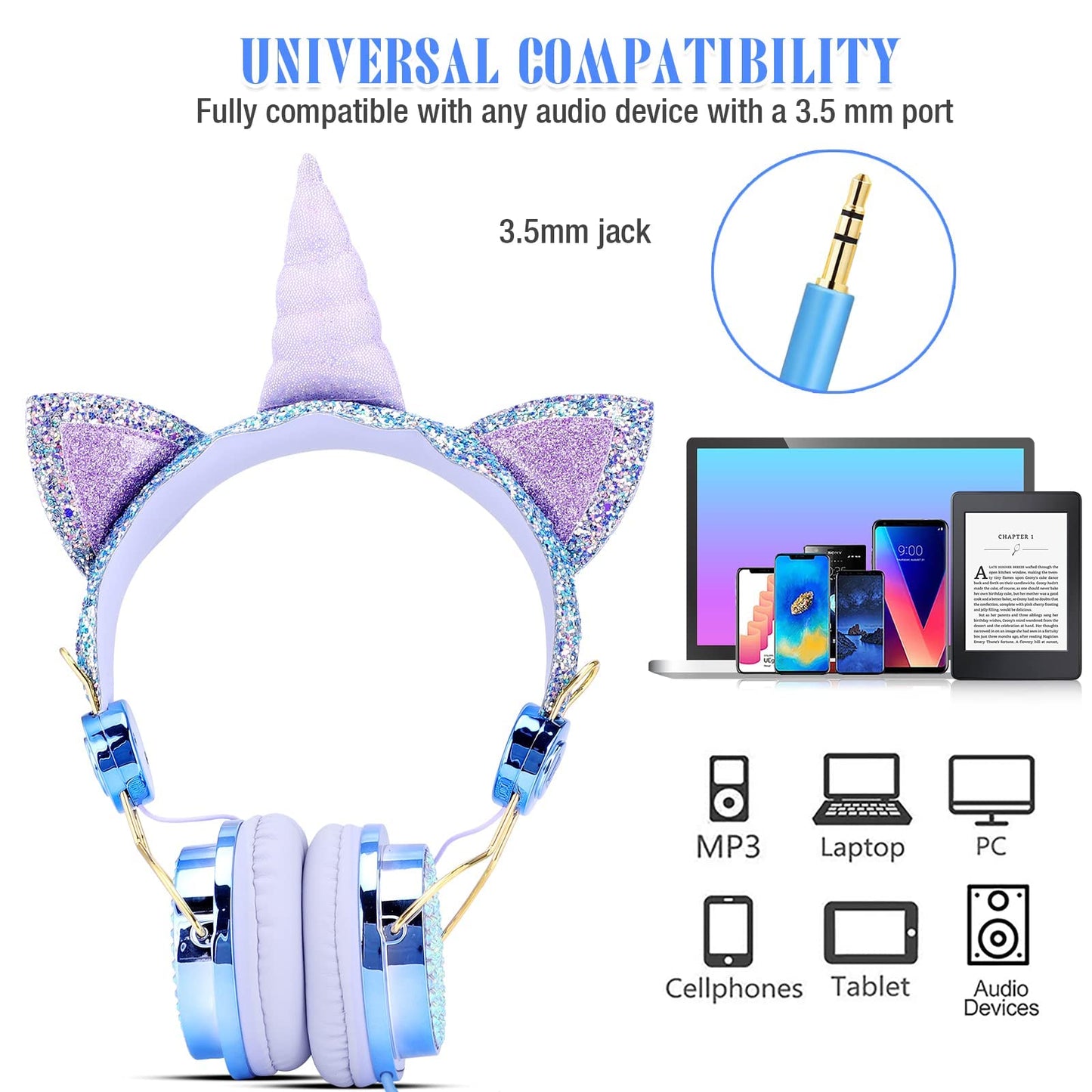 Children's headphones, unicorn glitter stones, children's headphones for girls, wired headphones with unicorn bracelet gift, adjustable stereo headphones with microphone and volume control (Sky blue)