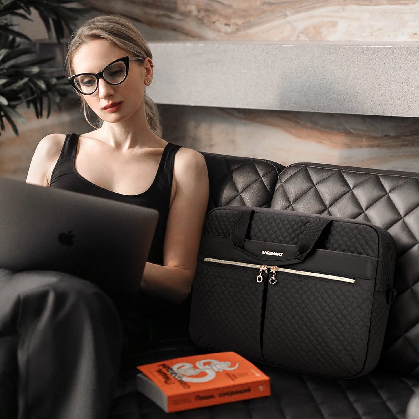 bagsmart Laptop Bag, 17.3-inch briefcase for women, large laptop bag, computer bag, office, travel, business, black