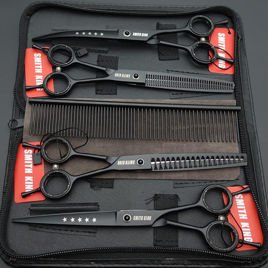 7.0 inch Professional Dog Grooming Scissors Set Straight & Thinning & Curved & Chunker & Comb 5 pieces in 1 set for left-handed & right-handed black