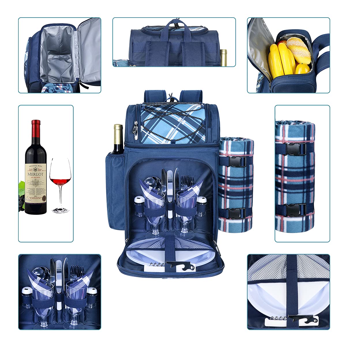 Hap Tim picnic basket backpack for 2 people with insulated leakproof cooler compartment, wine holder, fleece blanket, cutlery set, perfect for beach camping party (EU-36083-BL)