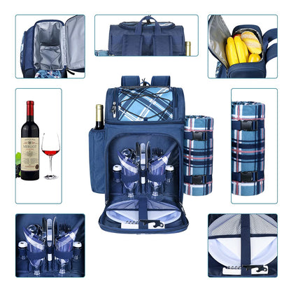 Hap Tim picnic basket backpack for 2 people with insulated leakproof cooler compartment, wine holder, fleece blanket, cutlery set, perfect for beach camping party (EU-36083-BL)