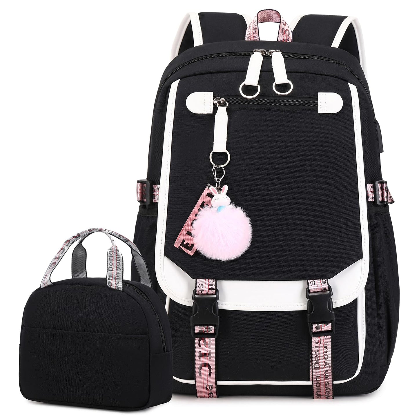 Bevalsa school backpack set for girls with lunch bag, 21L waterproof large casual daypack for elementary students in black color.