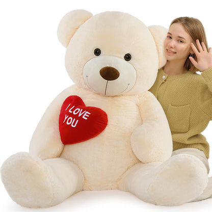 MorisMos 150cm giant Teddy bears with heart, beige large teddy bear XXL plush toy, cuddly plush bear XXXL, Valentine's Day birthday love gift partner wife mother children girlfriend