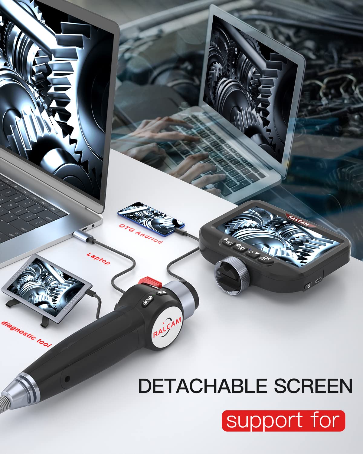 Ralcam Endoscope Camera with Light - 6.2mm Inspection Camera 4.3" HD 720P Pipe Camera, Cameras with 6 LED, IP67 Waterproof 2m Flexible Channel Camera Telescopic Camera Automotive Tool