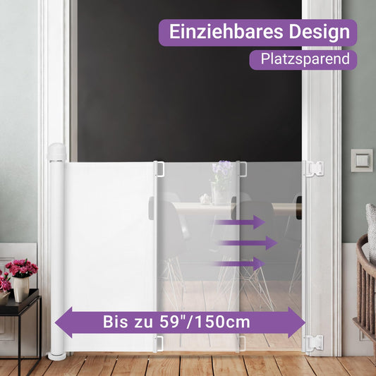 Momcozy door guard stair gate, 0-140 cm retractable stair gate, baby safety gate stair barrier for babies and pets, suitable for indoor and outdoor, white.