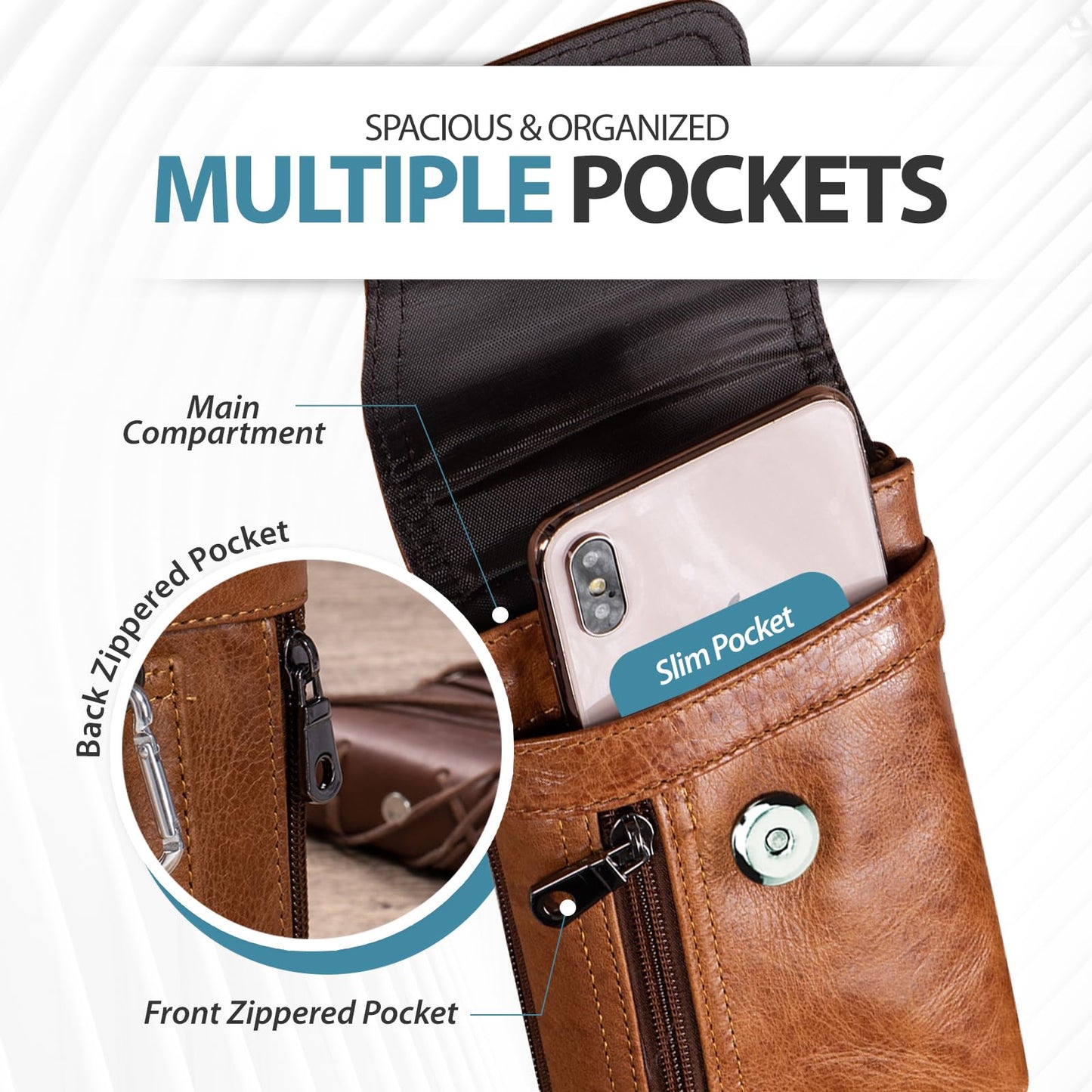 Hengwin Men's Cowhide Dual Phone Belt Pouch with Zipper Pocket, Leather Phone Holster Case for iPhone 16 15 14 Pro Max, Samsung S25 S24 Ultra Smartphone Smaller than 17.78 cm, XL (Brown)