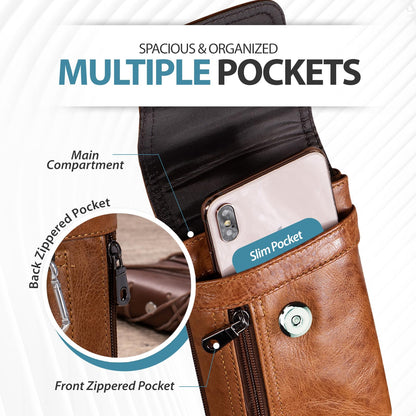 Hengwin Men's Cowhide Dual Phone Belt Pouch with Zipper Pocket, Leather Phone Holster Case for iPhone 16 15 14 Pro Max, Samsung S25 S24 Ultra Smartphone Smaller than 17.78 cm, XL (Brown)