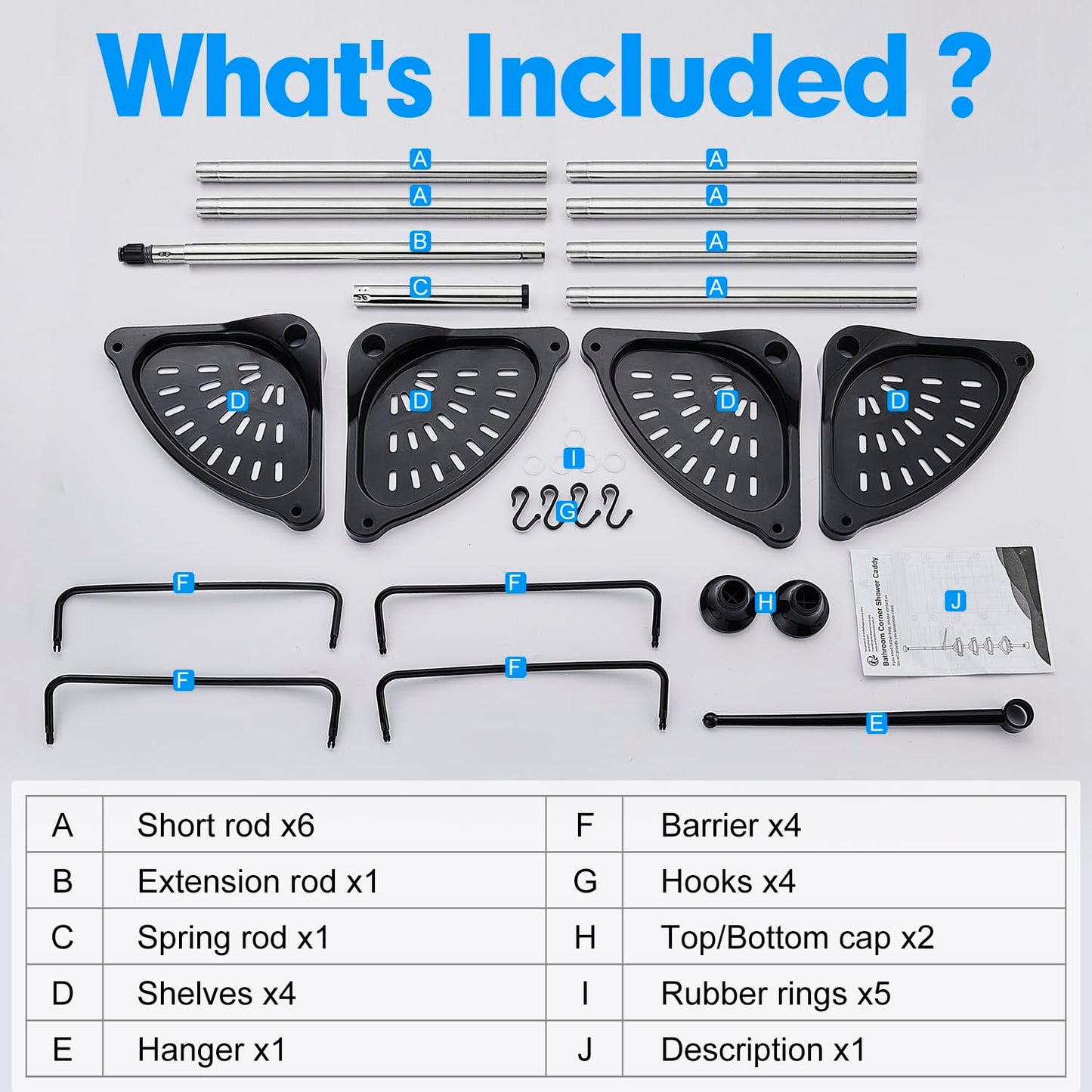 ZHUGE Telescope Shower Shelf, adjustable corner shelf for the shower with 4 shelves, 4 hooks, 1 towel bar for bathroom storage, rustproof, 70-330 cm from floor to ceiling, Black