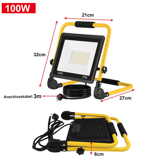 On LED construction spotlight 100W, construction site spotlight warm white work spotlight LED floodlight floodlight with 3M cable, tripod stand and handle, waterproof IP66 floodlight for garden, garage.