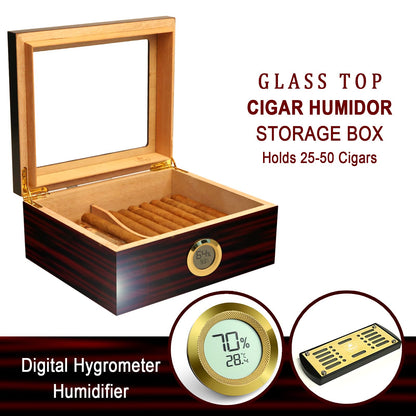 Slege Cigar Humidor, Handmade Humidor with Spanish Cedar, Digital Hygrometer, Humidifier, Divider, Gift for Men (30-50 Cigars)